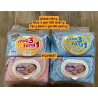 Bộ 3 Gói Khăn ướt Bobby không/có mùi 100 Miếng/gói (Xanh/Hồng) + Tặng Kèm 1 gói Khăn 80 Miếng - HÀNG CHÍNH HÃNG