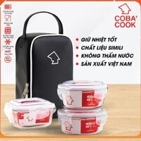 Bộ 3 hộp cơm thủy tinh COBA'COOK 2 hộp tròn 400ml và 1 hộp vuông 320ml 1 túi simili giữ nhiệt