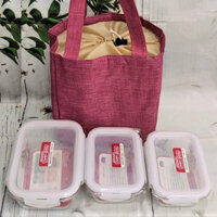 bộ 3 hộp đựng cơm thủy tinh lock&lock và túi giữ nhiệt