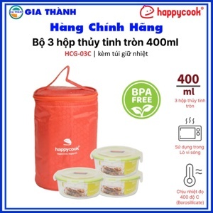 Bộ 3 hộp thủy tinh tròn kèm túi giữ nhiệt Happy Cook Glass HCG-03C 400ml