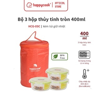 Bộ 3 hộp thủy tinh tròn kèm túi giữ nhiệt Happy Cook Glass HCG-03C 400ml