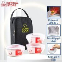 Bộ 3 hộp tròn 400ml đựng cơm kèm túi hộp thủy tinh chịu nhiệt cường lực COBACOOK- XẢ KHO