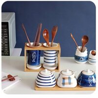 Bộ 3 hũ đựng gia vị bằng sứ kèm khay gỗ và muỗng phong cách Nhật Bản❤️HOT❤️Lọ đựng gia vị họa tiết độc đáo