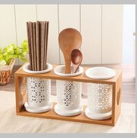 Bộ 3 hũ đựng muỗng đũa khay gỗ