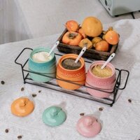 Bộ 3 hũ gốm sứ đựng gia vị kèm giá đựng & muỗng Rainbow Kaiyo KCC-5141 300ml