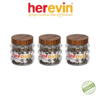 Bộ 3 Hũ Thuỷ Tinh Herevin Tròn Sọc Nắp woody 1L - HEHU231901-205