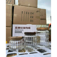 Bộ 3 Hũ Thuỷ Tinh Nắp Gỗ Đựng Gia Vị, Lọ Thuỷ Tinh Có Gioăng Cao Su Đựng Kín Hơi