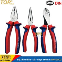Bộ 3 kìm điện - cắt - nhọn trợ lực chuyên nghiệp TOP GOLD 160mm, thép Hi-Cr cao cấp, thiết kế cộng lực tiết kiệm 50 lực