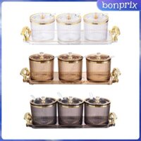 Bộ 3 lọ đựng gia vị, Hộp đựng gia vị trang trí có nắp, thìa và khay, Bộ hộp đựng