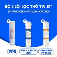 Bộ 3 lõi lọc thô Taiwan 10 sử dụng cho máy loại 1 cốc rời PP5  Pre Carbon kín  Sediment PP kín Hàng chính hãng