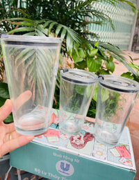 Bộ 3 ly thủy tinh có nắp không kèm ông hút Tmark (Kiện 16 bộ)