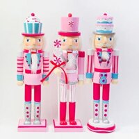 Bộ 3 mô hình chú lính chì gỗ màu hồng cao 38cm decor trang trí Giáng sinh Noel