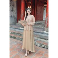 "Bộ 3 món áo tơ dài tay cùng áo con rời và chân váy tuyết nhung dáng dài thanh lịch."