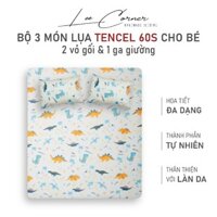 Bộ 3 món ga gối cho bé lụa Tencel 60S cao cấp LEE CORNER, set 2 vỏ gối 40x60 + 1 ga giường 1m 1m2 1m4 1m5x2m (may riêng)