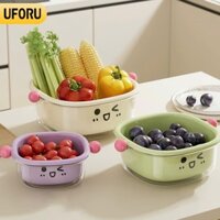 Bộ 3 món thau rổ rửa rau củ quả sticker dễ thương thiết kế 2 lớp làm thau đựng nước đầy đủ size nhỏ, vừa, lớn - UF727
