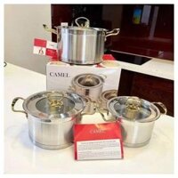 Bộ 3 nồi 3 đáy vung kính, nồi inox cao cấp chuyên dùng cho bếp từ bếp điện - Bộ 3 nồi Camel - GrownTech.vn