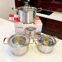 BỘ 3 NỒI CAMEL 3 ĐÁY VUNG KÍNH, NỒI INOX CAO CẤP CHUYÊN DÙNG CHO BẾP TỪ BẾP ĐIỆN