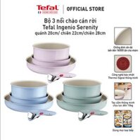 Bộ 3 nồi chảo cán rời Tefal Ingenio Serenity, quánh 20cm/ chiên 22cm/chiên 28cm, hồng