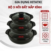 Bộ 3 Nồi Đất Kho cá, Nồi Cơm Niêu, Nấu Mì Cay, Hầm Thịt Tráng Men Chống Dính Nắp Kính Nhiều Size Tiện Ích
