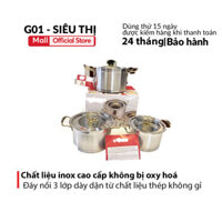 Bộ 3 nồi G01 3 đáy vung kính, nồi inox cao cấp chuyên dùng cho bếp từ bếp điện
