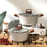 Bộ 3 nồi gốm sứ chống dính 7 lớp màu trắng sữa dùng được bếp từ