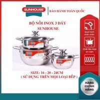 Bộ 3 Nồi Inox 3 Đáy Bếp Từ SUNHOUSE SH335-2022 16cm 20cm 24cm Nắp INOX dùng được trên mọi loại bếp