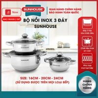 Bộ 3 nồi Inox 3 đáy SUNHOUSE, nồi inox nấu bếp từ, hồng ngoại_Azuka