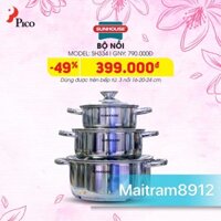 BỘ 3 NỒI INOX 3 ĐÁY SUNHOUSE SH 333 - 334 - 335, ĐÁY TỪ (DÙNG ĐƯỢC BẾP ĐIỆN TỪ), GỒM NỒI 16 CM, 20 CM, 24 CM