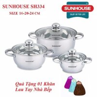 Bộ 3 nồi inox 3 đáy Sunhouse SH 334 Tặng Khăn Lau Tay Nhà Bếp