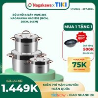 Bộ 3 Nồi Inox 304 Đáy Từ 5 Đáy Nagakawa NAG1352 16cm, 20cm, 24cm - Hàng Chính Hãng