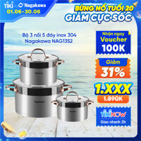 Bộ 3 Nồi Inox 304 Đáy Từ 5 Đáy Nagakawa NAG1352 16cm, 20cm, 24cm - Hàng Chính Hãng