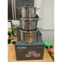 BỘ 3 NỒI INOX 5 ĐÁY AULUX SIZE 16/20/24 CÓ VUNG KÍNH-CHÍNH HÃNG