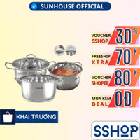 Bộ 3 nồi inox 5 đáy bếp từ Sunhouse (16-20-24cm) Chính hãng SHG788 dùng mọi loại bếp tỏa nhiệt đều - SSHOP MALL