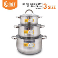 Bộ 3 nồi inox 5 đáy tặng chảo 16cm