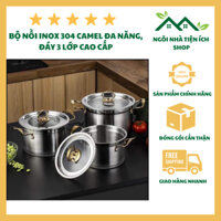 Bộ 3 Nồi Inox Cao Cấp CAMEL 3 Đáy Dày Dặn, Cấu Tạo Đế Nồi Đáy Từ Inox Cao Cấp Chống Han Rỉ Hộp Đỏ