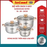 Bộ 3 nồi inox cao cấp Sunhouse SH781, nồi 5 đáy phù hợp với mọi loại bếp, có 3 size