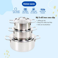 Bộ 3 nồi inox dùng được cho mọi loại bếp, đáy 1 lớp dày dặn, bắt nhiệt tốt. Hàng cao cấp không cháy xén khi xào nấu