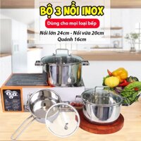 Bộ 3 nồi inox Pure Cook - Bộ nồi xoong inox dùng được cho tât cả các bếp - Size 16, 20, 24cm - Nồi 5 đáy - Set 3 nồi