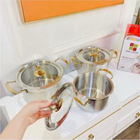 Bộ 3 Nồi Misu Louis Inox 304 Cao Cấp - Bộ Nồi Inox đáy 3 Lớp Nguyên Khối Sử Dụng Cho Mọi Loại Bếp