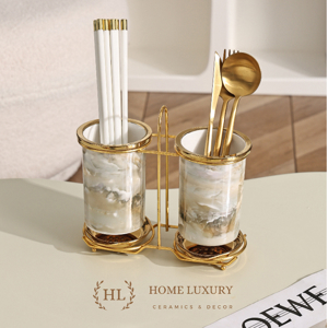 Bộ 3 ống cắm thìa đũa Vintage bằng sứ kèm giá inox