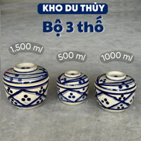 Bộ 3 thố sành kiểu xưa màu xanh đựng gia vị, thố chưng yến, nấu cơm thố kiểu người Hoa, thố đựng cơm quán quê dân dã