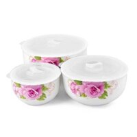 Bộ 3 thố sứ có nắp đậy chân không - có tay cầm -Giao hoa văn ngẫu nhiên