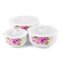 Bộ 3 thố sứ có nắp đậy chân không - có tay cầm -Giao hoa văn ngẫu nhiên