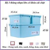 Bộ 3 thùng nhựa lớn có khóa cài (2c 15L và 1c 45L). Chồng xếp dễ dàng.