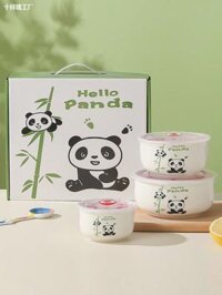 Bộ 3 Tô Sứ Có Nắp Đậy Hoạ Tiết Gấu