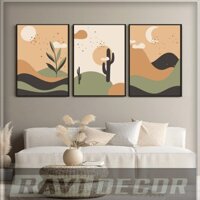 Bộ 3 tranh Boho Minimalist - Tranh dán/ Tranh treo có khung cao cấp, tặng đinh treo - RAVI DECOR