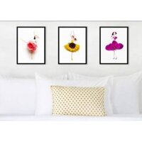 Bộ 3 tranh canvas cô gái hoa 30x40 hoặc 40x60 kèm khung và phụ kiện treo tranh