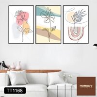 Bộ 3 tranh canvas, tranh gương treo phòng khách minimalism hình đường nét cây hoa hồng, hoa dại tông trắng - TT1168