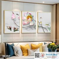 Bộ 3 tranh canvas treo tường Decor Sen và chim uyên ương - DC357