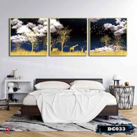 Bộ 3 tranh canvas treo tường Decor họa tiết cách điệu hươu và rừng cây, phong cách hiện đại  DC033